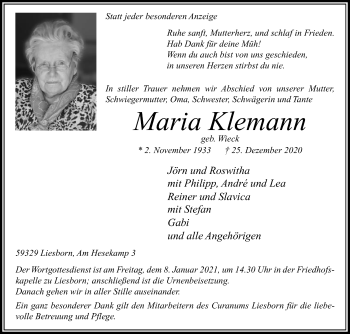 Traueranzeige von Maria Klemann von Die Glocke