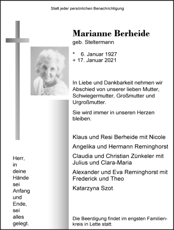 Traueranzeige von Marianne Berheide von Die Glocke