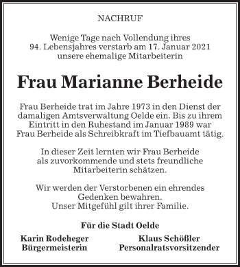 Traueranzeige von Marianne Berheide von Die Glocke