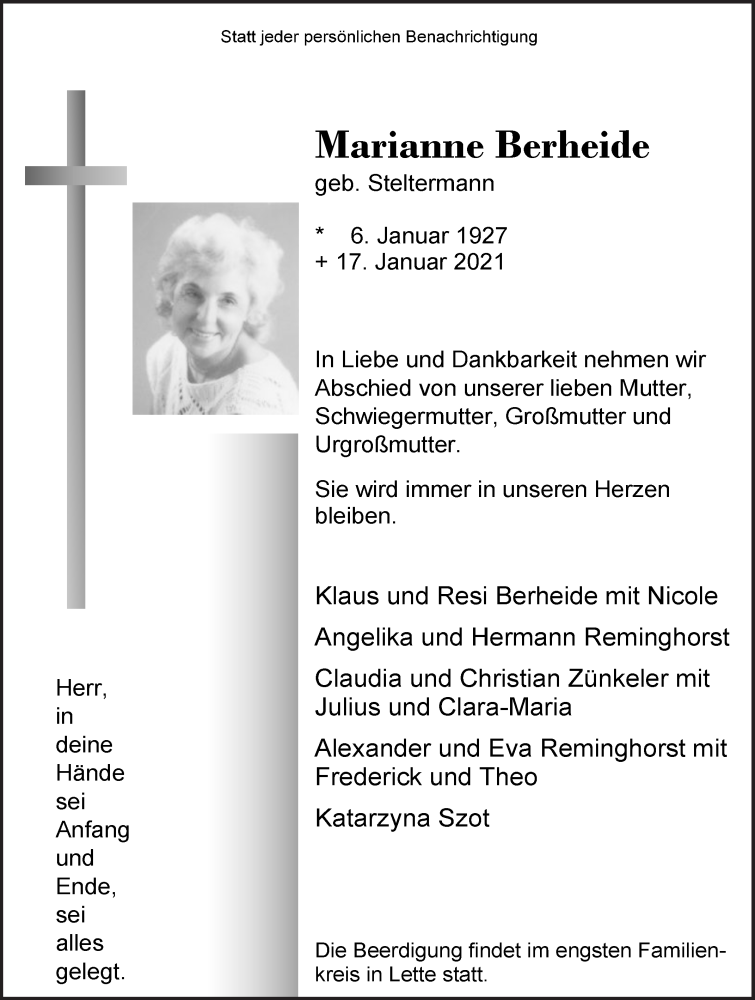  Traueranzeige für Marianne Berheide vom 23.01.2021 aus Die Glocke