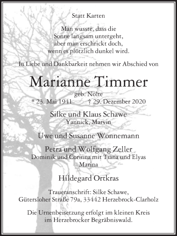 Traueranzeige von Marianne Timmer von Die Glocke