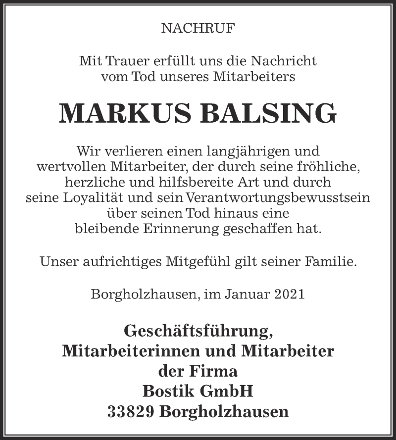  Traueranzeige für Markus Balsing vom 06.01.2021 aus Die Glocke