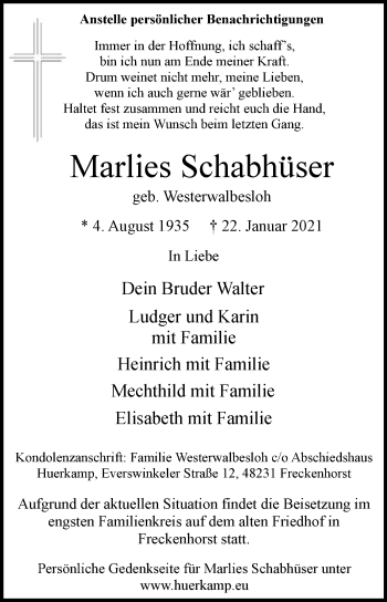 Traueranzeige von Marlies Schabhüser von Die Glocke