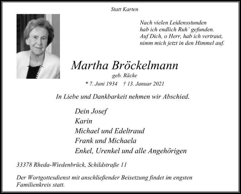  Traueranzeige für Martha Bröckelmann vom 16.01.2021 aus Die Glocke