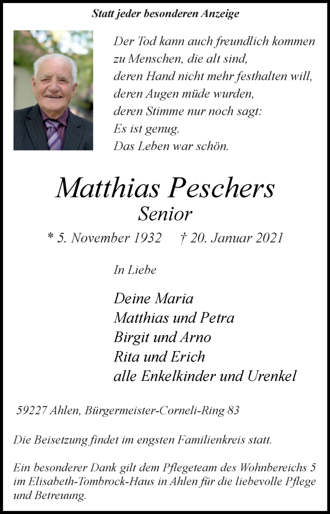  Traueranzeige für Matthias Peschers vom 30.01.2021 aus Die Glocke