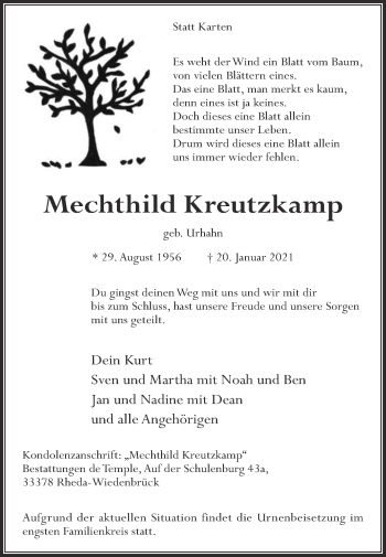 Traueranzeige von Mechthild Kreutzkamp von Die Glocke
