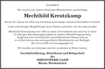 Traueranzeige von Mechthild Kreutzkamp von Die Glocke