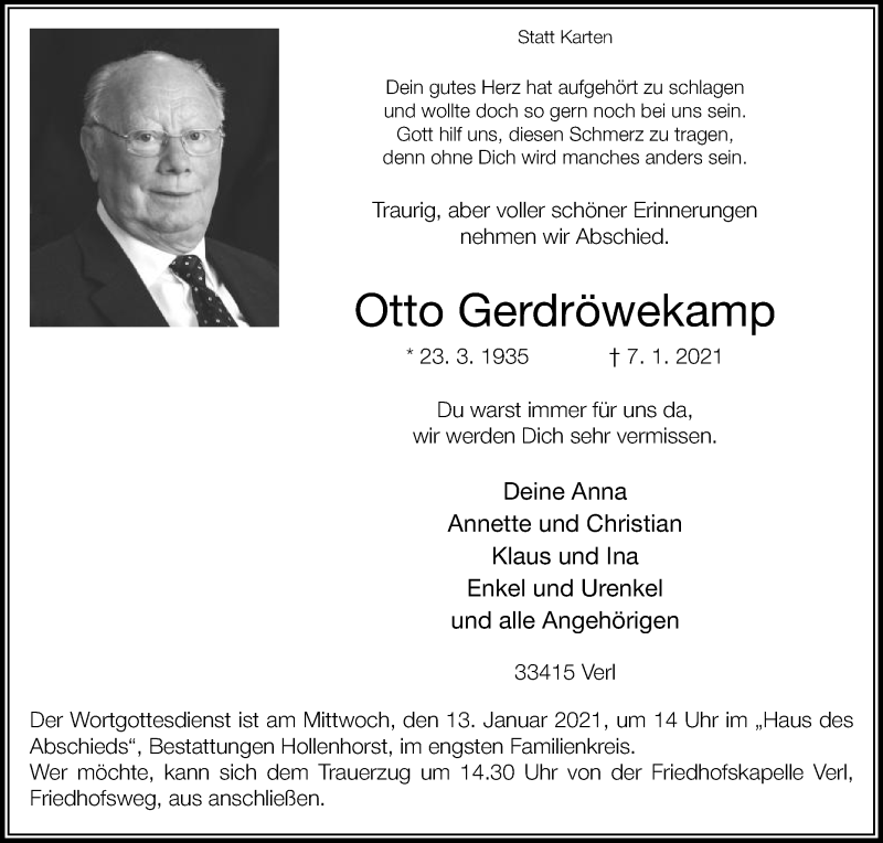  Traueranzeige für Otto Gerdröwekamp vom 09.01.2021 aus Die Glocke