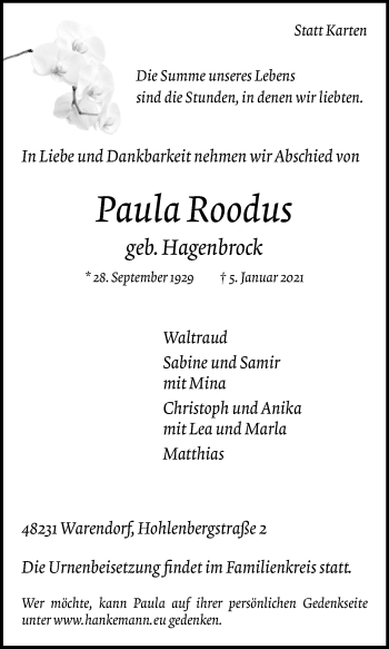 Traueranzeige von Paula Roodus von Die Glocke