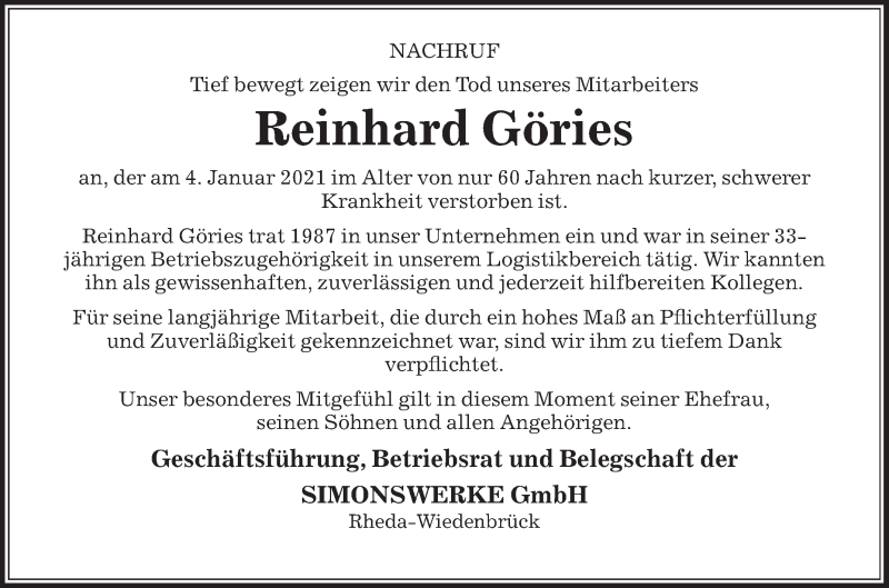  Traueranzeige für Reinhard Göries vom 14.01.2021 aus Die Glocke