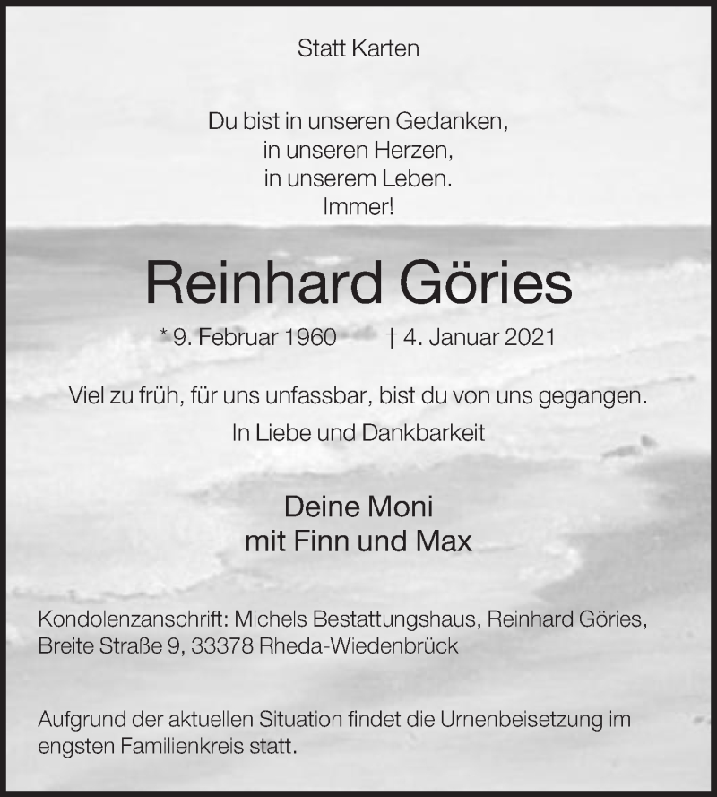  Traueranzeige für Reinhard Göries vom 09.01.2021 aus Die Glocke