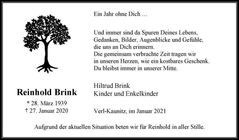  Traueranzeige für Reinhold Brink vom 27.01.2021 aus Die Glocke