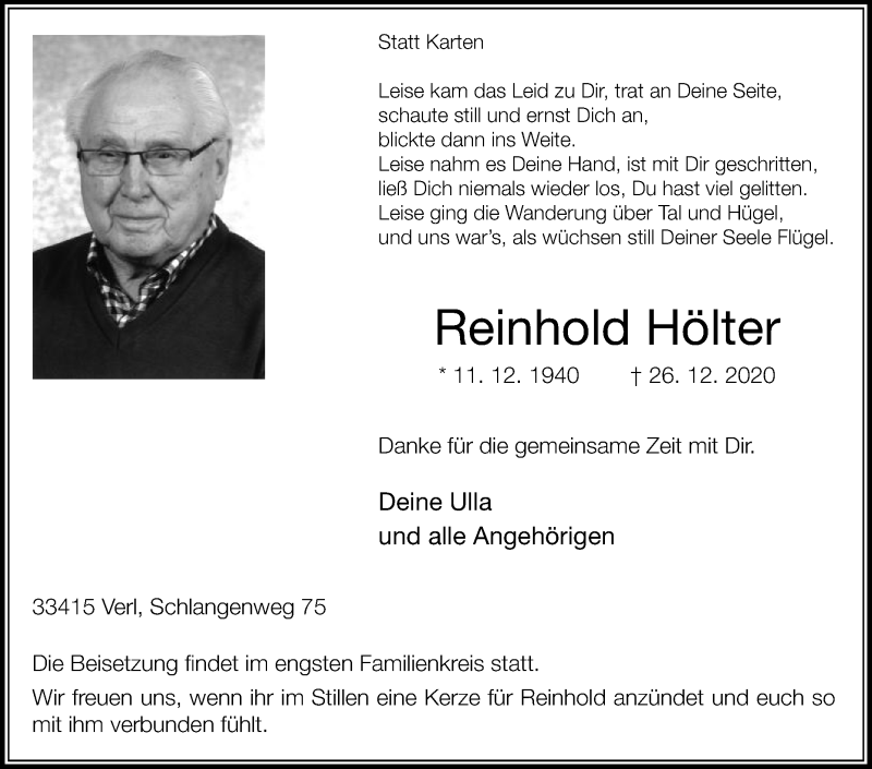  Traueranzeige für Reinhold Hölter vom 05.01.2021 aus Die Glocke