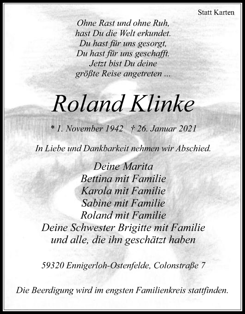  Traueranzeige für Roland Klinke vom 30.01.2021 aus Die Glocke