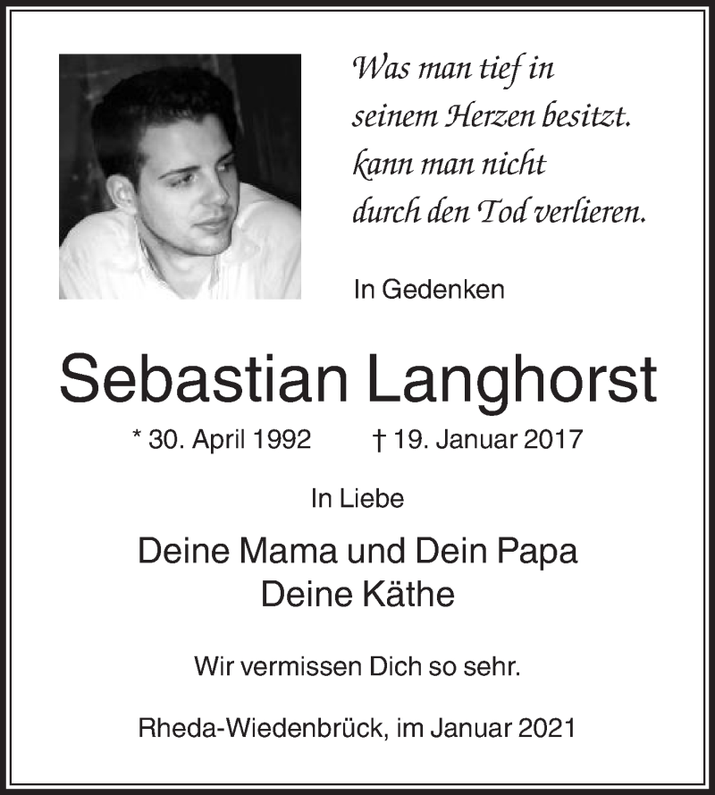  Traueranzeige für Sebastian Langhorst vom 16.01.2021 aus Die Glocke