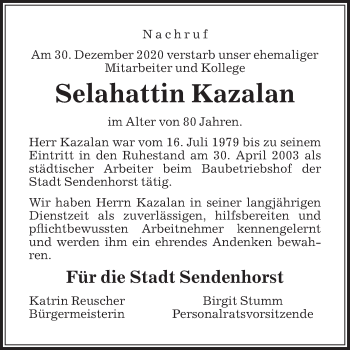 Traueranzeige von Selahattin Kazalan von Die Glocke