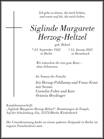 Traueranzeige von Siglinde Margarete Herzog-Heltzel von Die Glocke