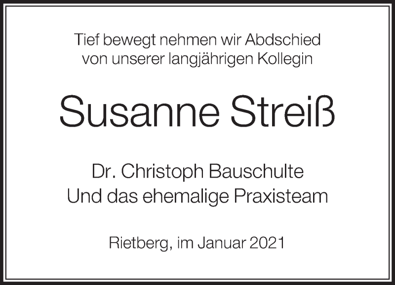  Traueranzeige für Susanne Streiß vom 05.01.2021 aus Die Glocke