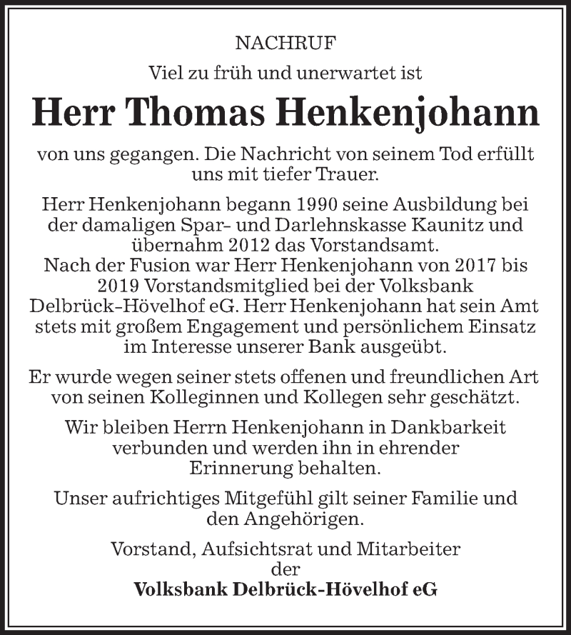 Traueranzeige für Thomas Henkenjohann vom 14.01.2021 aus Die Glocke