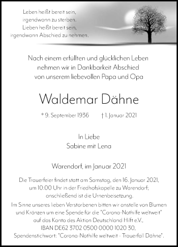 Traueranzeige von Waldemar Dähne von Die Glocke