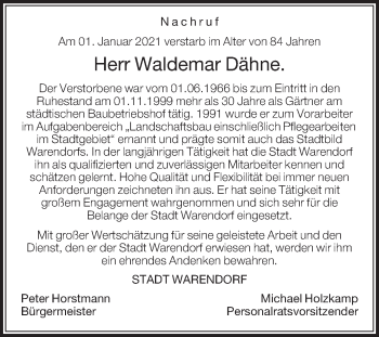 Traueranzeige von Waldemar Dähne von Die Glocke