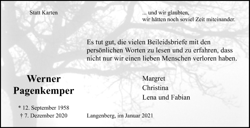  Traueranzeige für Werner Pagenkemper vom 23.01.2021 aus Die Glocke