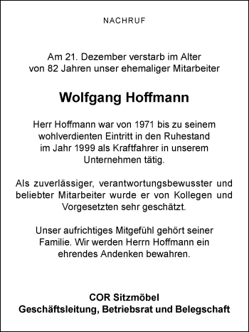 Traueranzeige von Wolfgang Hoffmann von Die Glocke
