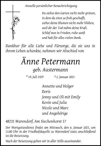 Traueranzeige von Änne Petermann von Die Glocke