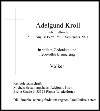 Traueranzeige von Adelgund Kroll von Die Glocke