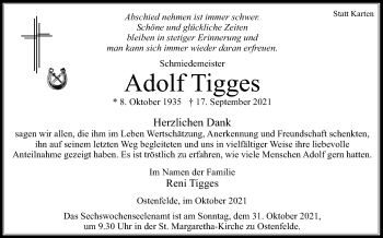 Traueranzeige von Adolf Tigges von Die Glocke