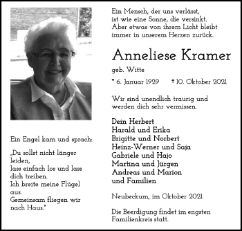 Traueranzeige von Anneliese Kramer von Die Glocke