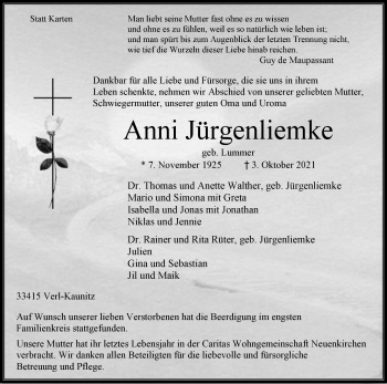 Traueranzeige von Anni Jürgenliemke von Die Glocke