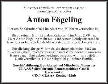 Traueranzeige von Anton Fögeling von Die Glocke