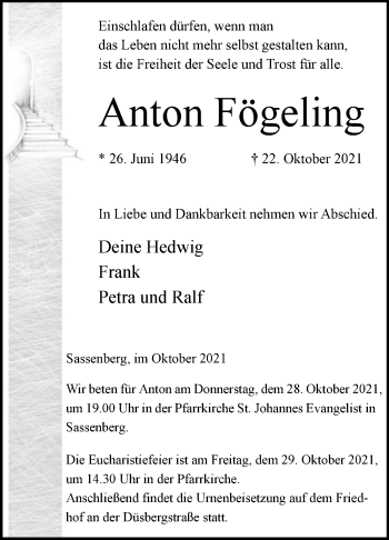 Traueranzeige von Anton Fögeling von Die Glocke