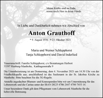 Traueranzeige von Anton Grauthoff von Die Glocke