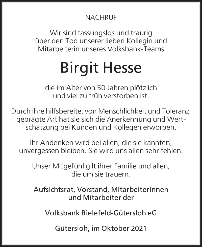  Traueranzeige für Birgit Hesse vom 29.10.2021 aus Die Glocke