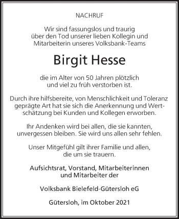 Traueranzeige von Birgit Hesse von Die Glocke