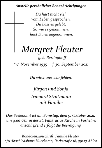 Traueranzeige von Margret Fleuter von DIE GLOCKE