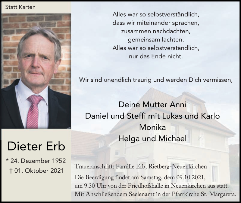  Traueranzeige für Dieter Erb vom 02.10.2021 aus Die Glocke