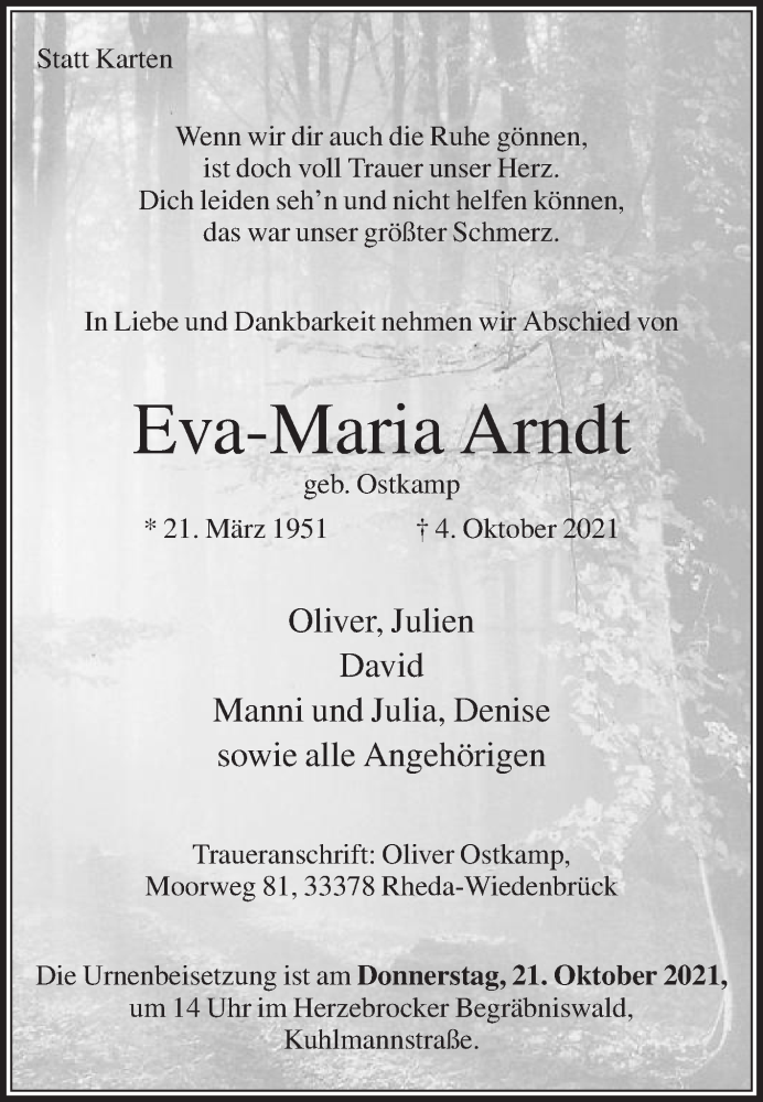  Traueranzeige für Eva-Maria Arndt vom 09.10.2021 aus Die Glocke