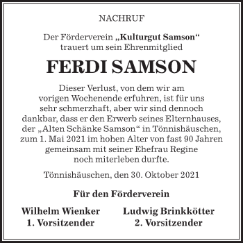 Traueranzeige von Ferdi Samson von Die Glocke