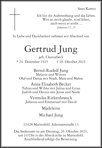 Traueranzeige von Gertrud Jung von Die Glocke