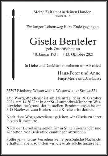 Traueranzeige von Gisela Benteler von Die Glocke