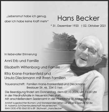 Traueranzeige von Hans Becker von Die Glocke