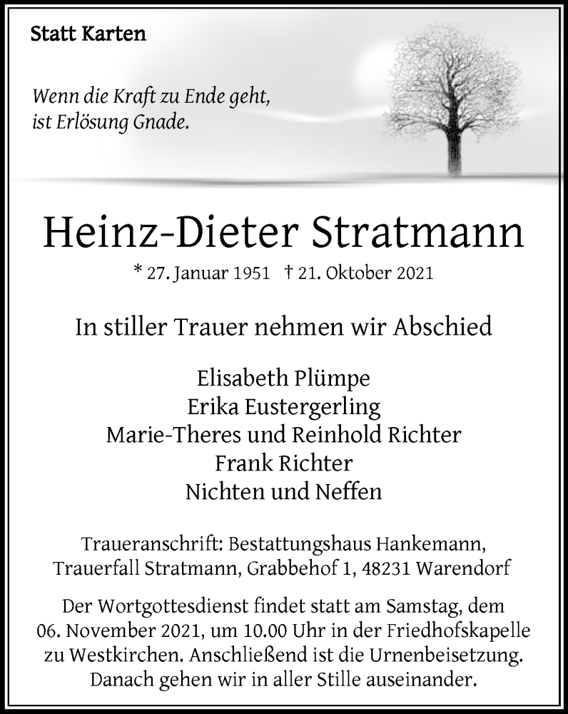  Traueranzeige für Heinz-Dieter Stratmann vom 30.10.2021 aus Die Glocke