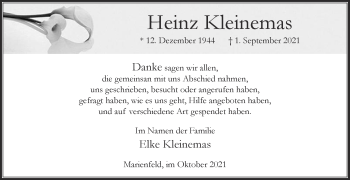 Traueranzeige von Heinz Kleinemas von Die Glocke