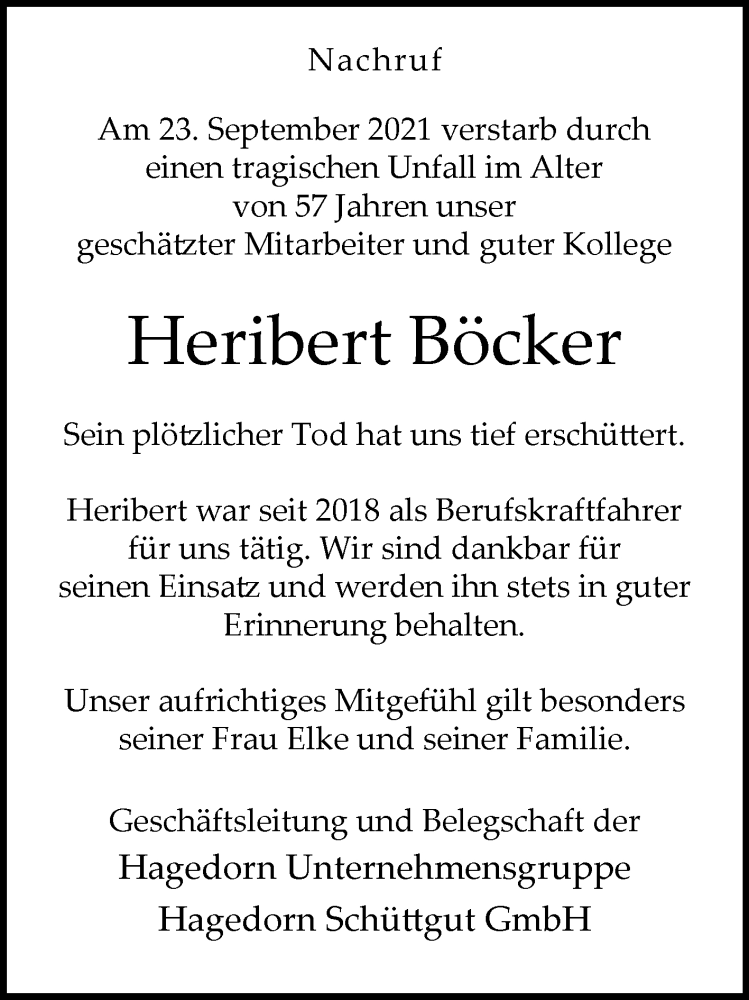  Traueranzeige für Heribert Böcker vom 09.10.2021 aus Die Glocke
