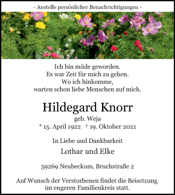 Traueranzeige von Hildegard Knorr von Die Glocke