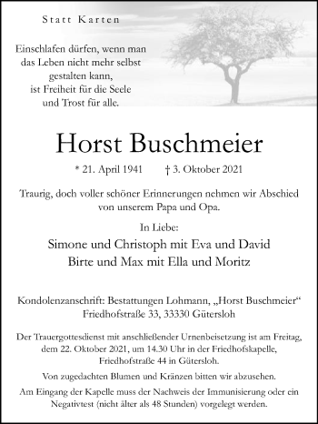Traueranzeige von Horst Buschmeier von Die Glocke