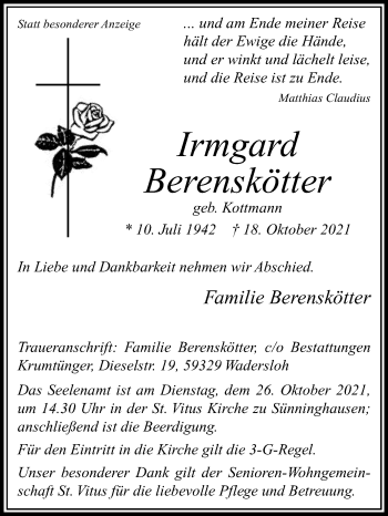 Traueranzeige von Irmgard Berenskötter von Die Glocke